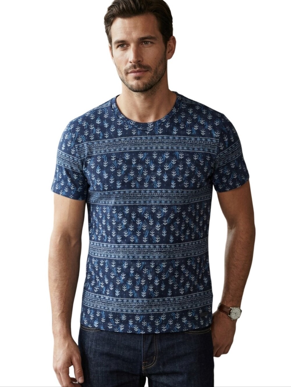 Burberry Brit Blue Indigo Geometric Print Cotton Tee Shirt S Archival